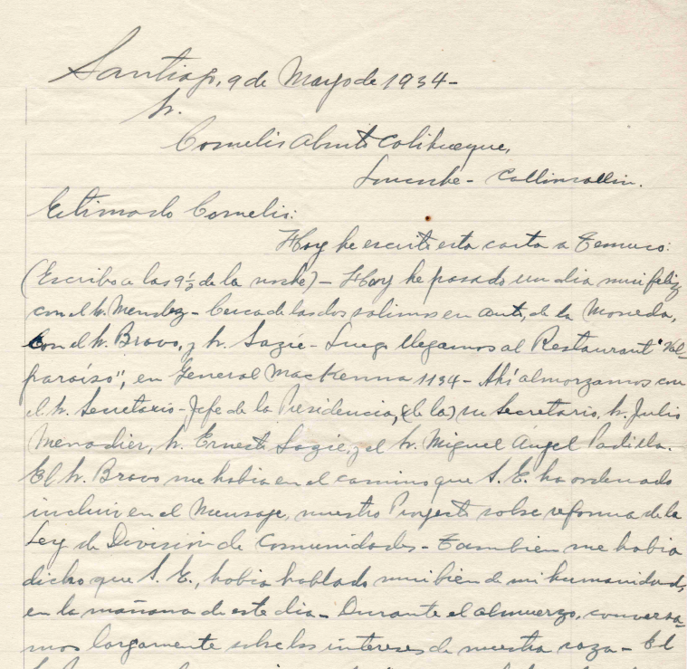 Carta de Manuel Aburto Panguilef a Cornelio Aburto Colihueque Archivo