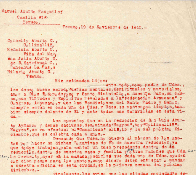 Carta de Manuel Aburto Panguilef a sus hijos Archivo Wallmapu