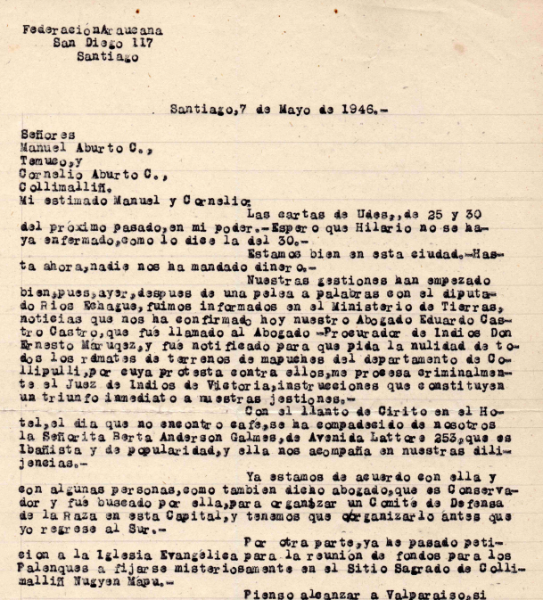 Carta de Manuel Aburto Panguilef a Manuel Aburto Colihueque y Cornelio